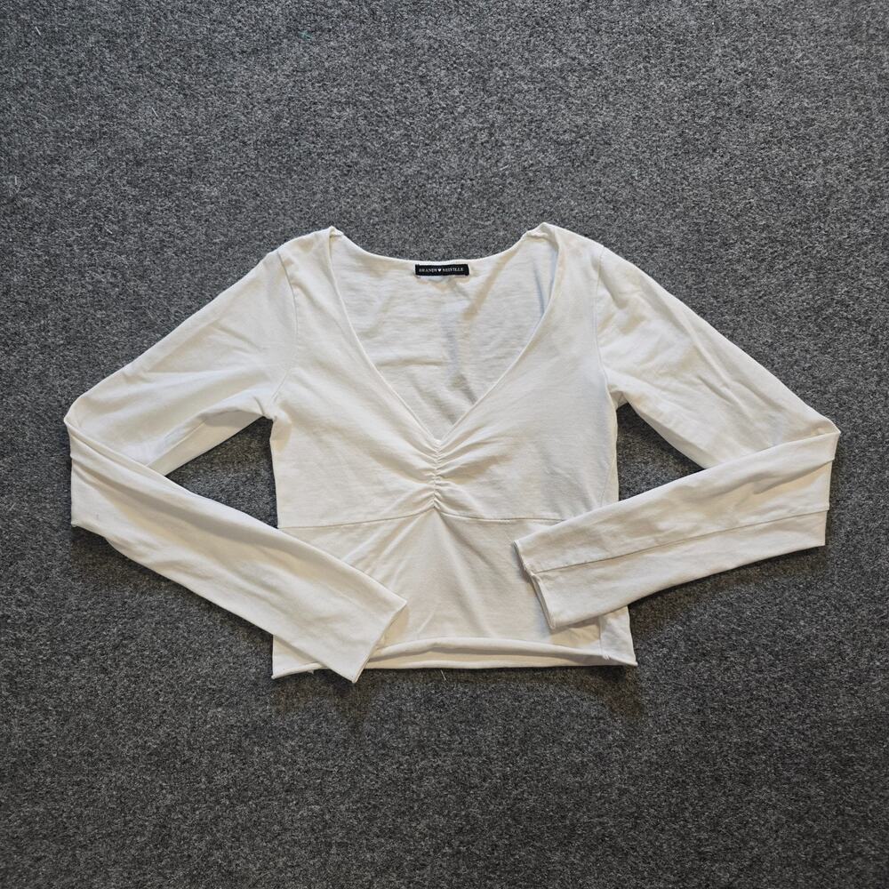 Brandy Melville Top Womens One Size White Crop Ruched Long Sleeve Casual Basic